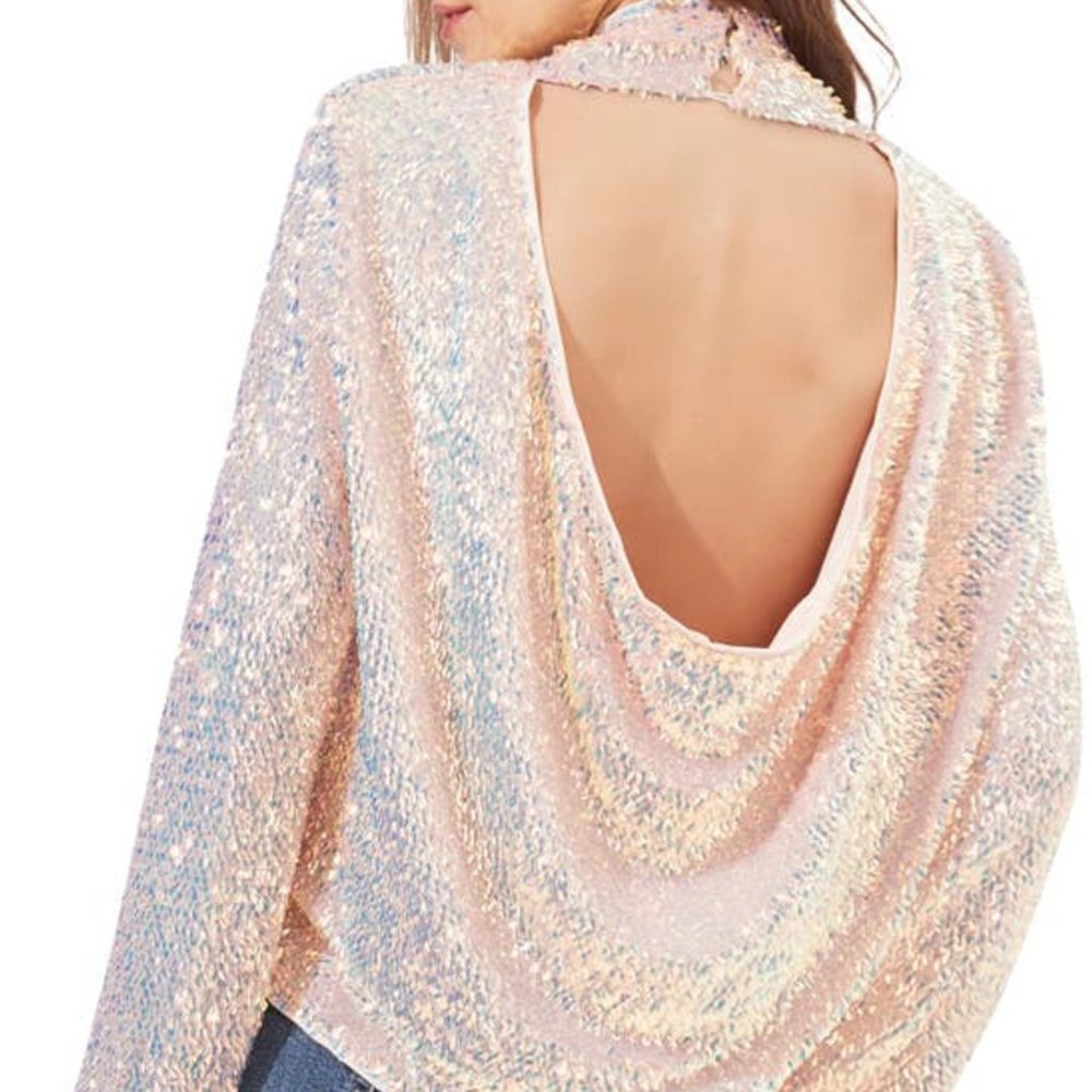 Lia Sequin Backless Mock Neck Top - IRIDESCENT PINK / L ASTR the label